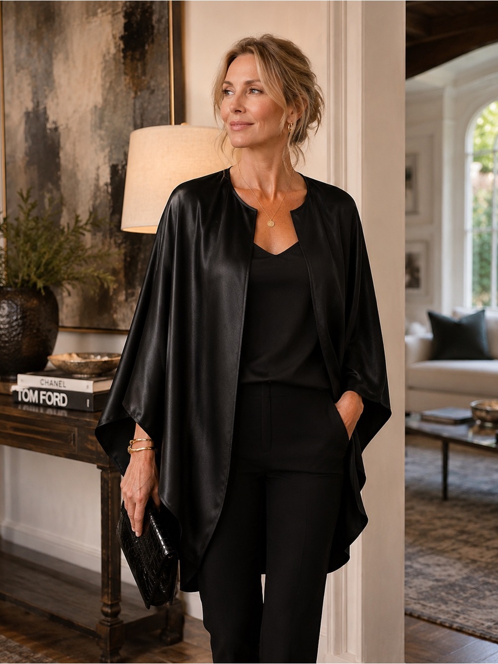 Halston Heritage Black Satin Cape Kimono Batwing Jacket OS